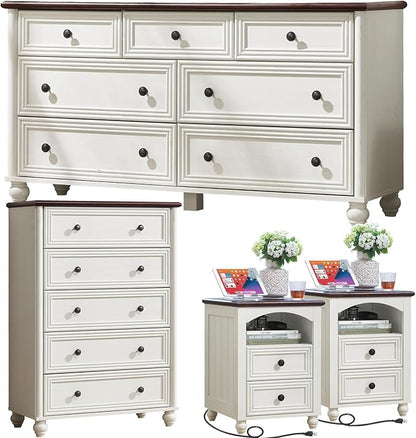 Farmhouse Dressers & Night Stand Set of 4, Wood 54" Wide Dresser & 45" Tall Chest of Drawers, 18" with Charging Station Nightstand Set of 2, Bedroom Furniture Dresser Set for Home Living Room Hallway