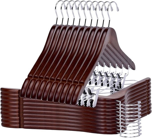 Quality Wooden Skirt Hangers with Clips Smooth Solid Wood Pants Hangers with Durable Adjustable Metal Clips, Swivel Hook, Coat, Jacket, Blouse Suit Hangers (Walnut - Chrome Hook, 20)