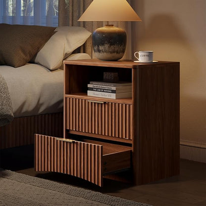 Evermagin Fluted Nightstand Set of 2 with Charging Station, Walnut Bedside Table with 2 Drawers, Wood End Table with Storage Mid Century Modern, Large Night Stand for Bedroom