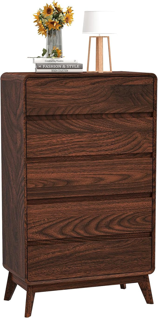 50" Tall Dresser for Bedroom, Vertical Dressers with 5 Drawers and Curved Profile Handleless Design, Chest of Drawers with Natural Texture for Living Room, Hallway and Entryway,Nautral