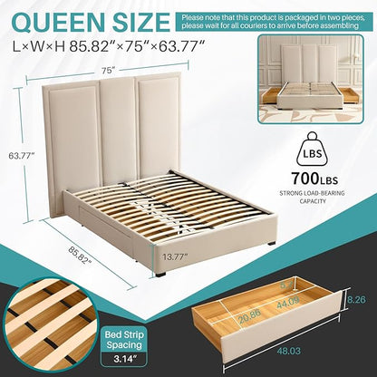YUHUASHI Queen Size Bed Frame with 64-inch High Headboard, Simple and Airy Linen Upholstered Platform Bed with Storage Drawers, Wood Slat, No Noise (Beige, Queen)