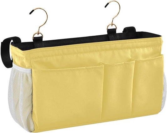 KOPIRIT Lemon Yellow Bedside Caddy Storage Bag Bedside Organizer for Dorm Room Top Bunk Bed Hanging Bag Bedside Shelf 6 Pockets with Hooks for Glasses Book Tablet Holder