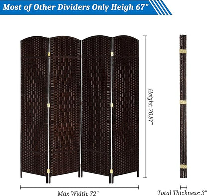 VINGLI 6 FT Tall Rattan Room Divider, Folding Privacy Screen, Indoor Partition Wall Dividers, Freestanding Hinged Space Separator (Brown, 4 Panel)