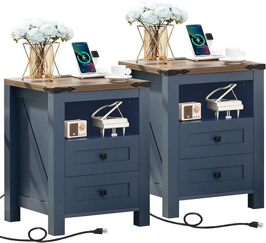 Joaxswe Nightstands Set of 2 with Charging Station, Farmhouse Night Stand with 2 Drawers and Shelf Storage, Wooden Side End Table, Bedside Cabinet for Bedroom, Living Room, Closet,Office (Blue) | with 2 Drawers, and Shelf Storage, Bedside Cabinet, for ...
