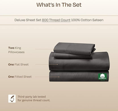 California Design Den Luxury 100% Cotton Sheets King Size Sheet Set - Buttery Soft 800 Thread Count Sateen, Deep Pocket Bedding Set - Grey