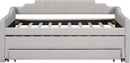 Favfurish Twin Size Upholstered Daybed with Trundle and 3 Lower Drawers,Linen Sofa Bed for Apartment Living Room Guest Room,Solid Wood Day Bed Frame,No Box Spring Needed,Beige
