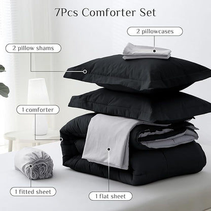 JOLLYVOGUE California King Comforter Set, Ultra-Soft Cal King Bed Comforter Set, 7-Piece Bed in a Bag, Goose Down Alternative, Oeko-TEX Certified, Sheets & Pillowcases, Black & Light Grey