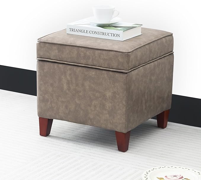 Adeco 17.5" Square Faux Leather Ottoman with Storage - Upholstered PU Foot Rest - Flip Top Footstool with Sturdy Wood Legs, Small Cube Coffee Table Extra Seat for Living Room, Bedroom, Coffee Brown