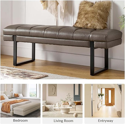 HULALA HOME 53" Faux Leather Entryway Bench, Button Tufted End of Bed Bench Ottoman for Bedroom, Living Room with Metal Base, Grey