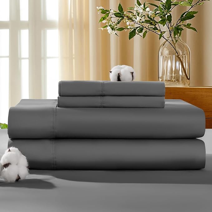 LBRO2M 100% Cotton Sheets Set Deep Pocket 19", 1000 Thread Count Queen Size 4 Piece Bed Sheet Sets Soft Comfortable Bedding All Season (Queen, Dark Grey)