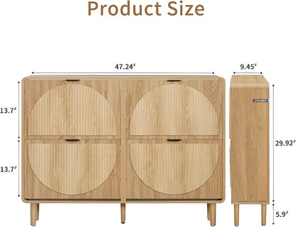 Shoe Storage Cabinet for Entryway, Narrow Shoe Organizer Cabinet, 4 Flip-Down Drawers, Round Fluted Panel, Hidden Wood Slim Shoe Rack for Foyer, Hallway (Natural)