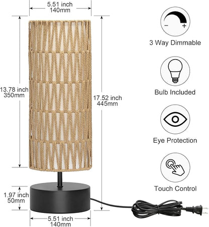 Rattan Table Lamp, Touch Control Bedside Table Lamp with Black Base, 3 Way Dimmable Nightstand Lamp with Dual-layer Shade, Boho Night Light for Bedroom Living Room Home Office, 9W LED Bulb Included