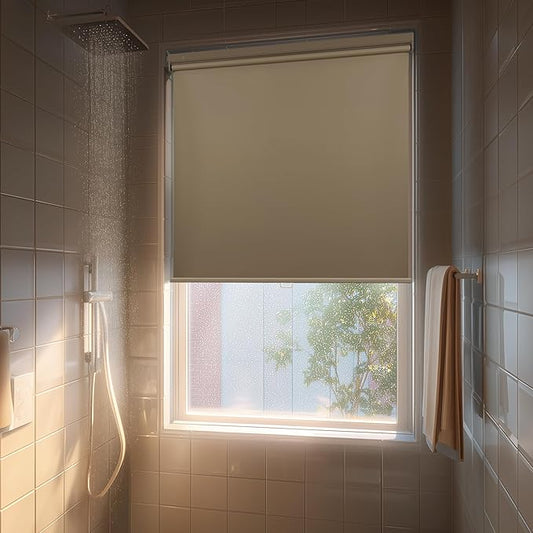 HESTIA No Drill Cordless Blackout Roller Shades Screwless Waterproof Shower Window Blinds, Auto-Retraction Easy Install Blind for Bathroom/Kitchen/Office/Exterior, Greige, 52" W x 72" H