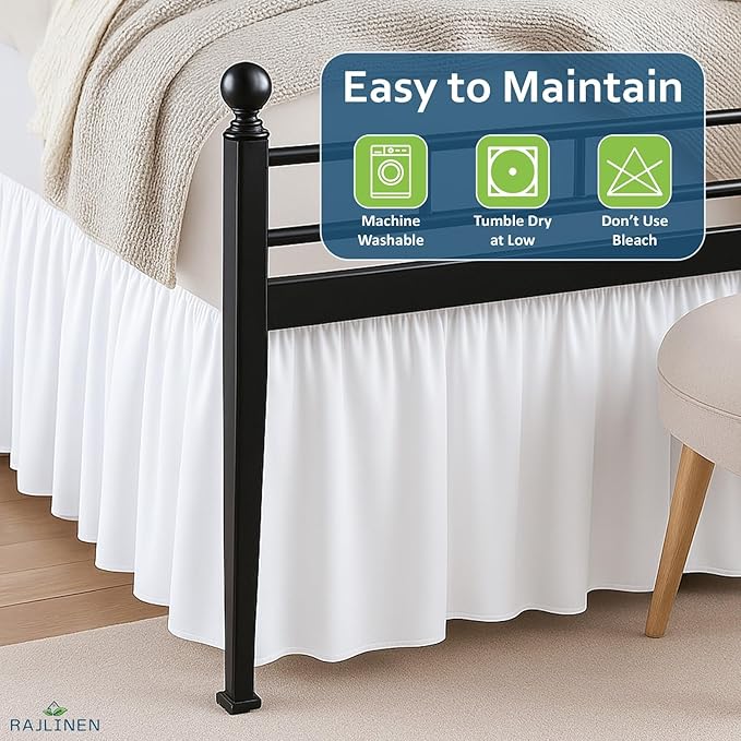 Rajlinen Ruffled Bed Skirt Full, 8 Inch Drop Dust Ruffle with Split Corners, 100% Microfiber Bedskirt with Platform, Three-Sided Coverage Ruffled Gathering Design, White
