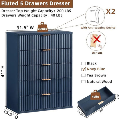 LEYAOYAO Fluted 5 Drawers Dresser Set of 2, 41" Tall Modern Chest of Drawers with Metal Handle, Curved Profile Dresser TV Stand, Wooden Drawer Organizer for Bedroom, Living Room, Hallway, Lightgrey
