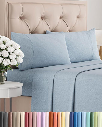 King Size 4 Piece Sheet Set - Comfy Breathable & Cooling Bed Sheets Set - Hotel Luxury Bedding for Women, Men, Kids, Teens, Boys & Girls - Deep Pockets, Soft & Wrinkle Free - Blue (Heathered Sheets)