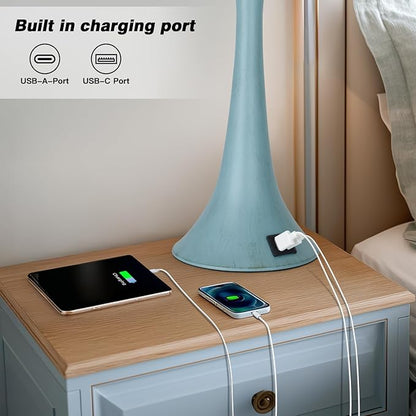 Riweey Blue Metal Table Lamp Set of 2 with USB C+A Ports, Bedside Lamp, Modern Bedroom Lamps, Coastal Lamp for Night Stands Bedroom Living Room,Nightstand Lamp LED Bulbs Included