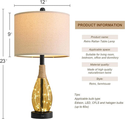 OYEARS 23" Table Lamps for Living Room Set of 2 Bedside Lamps for Night Stands Bedroom Lamps Farmhouse Rattan Boho Lamp Glass Nightlight End Table Lamp,Two Light Points