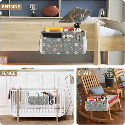 Bedside Caddy Hanging Bunk Bed Caddy Bed Organizer Hanging Pocket with 2 Hooks Bedside Storage Organizer Pocket Bag Holder Paw Print Dots Stars Grey