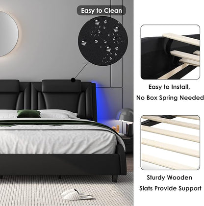 Keyluv Modern Upholstered Bed Frame with Adjustable LED Headboard, Pu Leather Platform Bed with Wave-Like Curve Design and Solid Wooden Slats Support, No Box Spring Needed, Noise Free, King, Black