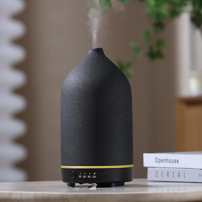 Gooamp 200ML Ceramic Essential Oil Diffuser - Ultrasonic Aromatherapy & Humidifier with 7-Color LED Lights, Auto Shut-Off, Black, 1H/3H/6H Timer | Scent for Home, Office, Yoga