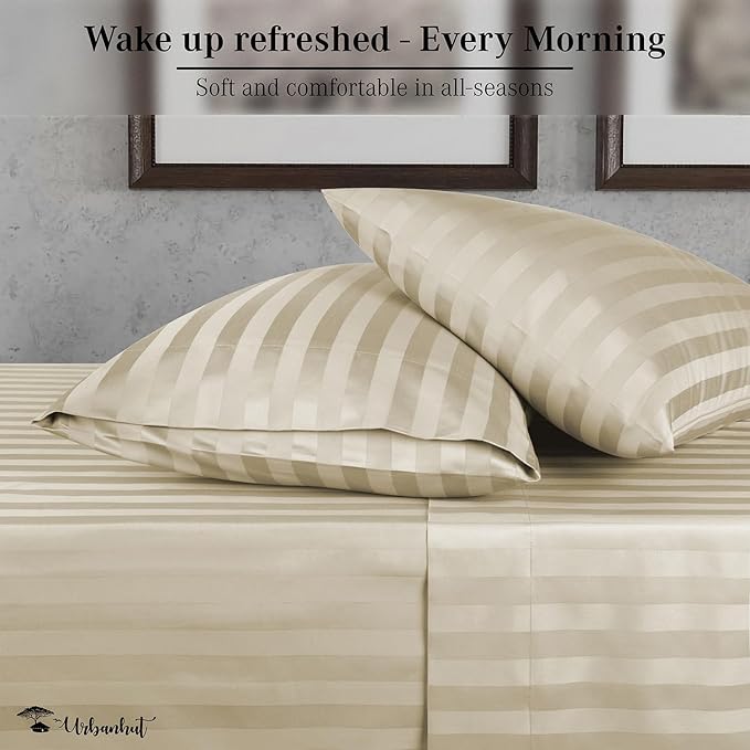 URBANHUT 800 Thread Count 100% Cotton Damask Full Size Sheets, 4 Piece Striped Full Size Bedsheets, Luxury Hotel Sheets Sateen Weave - Better Than Egyptian, 16" Elasticized Deep Pocket- Ivory