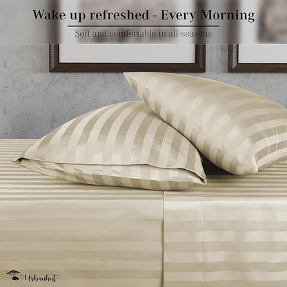 URBANHUT 800 Thread Count 100% Cotton Damask Full Size Sheets, 4 Piece Striped Full Size Bedsheets, Luxury Hotel Sheets Sateen Weave - Better Than Egyptian, 16" Elasticized Deep Pocket- Ivory