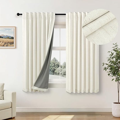 Natural Linen Textured Short Black Out Curtain 58 Inch Long for Bedroom 58 Length Burlap Small Blackout Window Back Tab Thermal Cooling Curtain for Summer Heat Living Room Divider Closet 2 Panel Cream