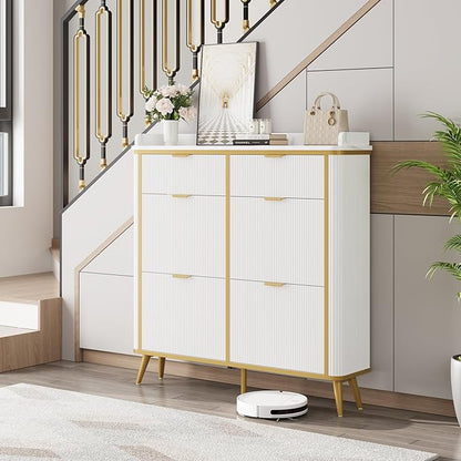 Fluted Shoe Cabinet Storage, Modern Slim Shoe Organizer Cabinet with 4 Flip Drawers & 2 Drawers, Wooden Freestanding Shoe Rack Cabinets for Entryway, Foyer, Hallway, White