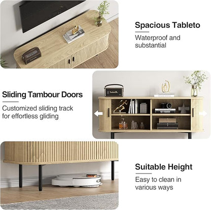 47''W Natural Storage Cabinet, Media Console, Tambour TV Stand; Sliding Door, Fluted Cabinet, Buffet Sideboard, Credenza, Table Stand for Living Room, Kitchen