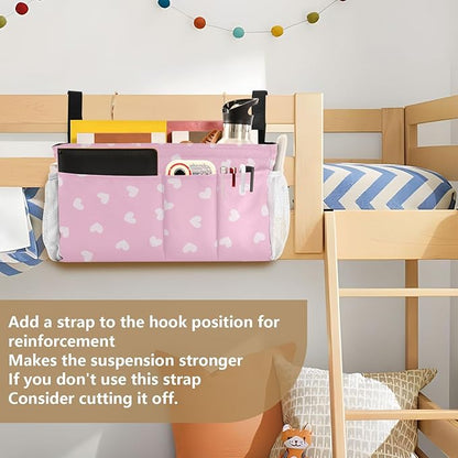 Bedside Caddy Hanging Bunk Bed Caddy Bed Organizer Hanging Pocket with 2 Hooks Bedside Storage Organizer Pocket Bag Holder Heart Pink