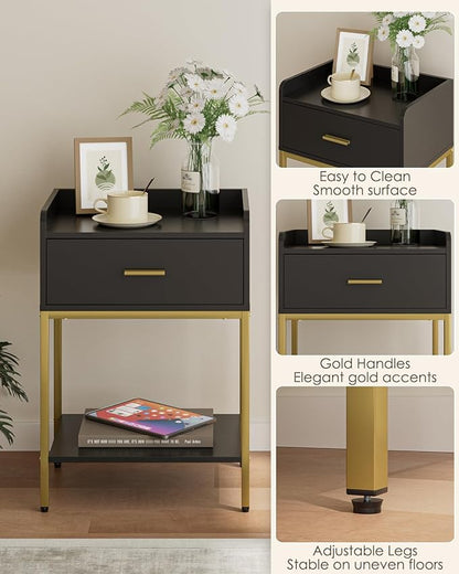 Masupu Nightstand,Bedside Table 3-Tier Modern Night Stand with Storage Drawer and Shelf,Small End Side Table for Bedroom,Living Room,Black (Without Outlet, Black)