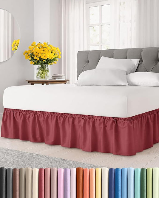 Wrap Around Dust Ruffle Bed Skirt - Burgundy - Twin/Twin XL Size Beds with 12 Inch Drop - Easy Fit Elastic - Adjustable Pleated Bedskirt w/Brushed Fabric Wrinkle Free - Women, Men, Kids & Teens