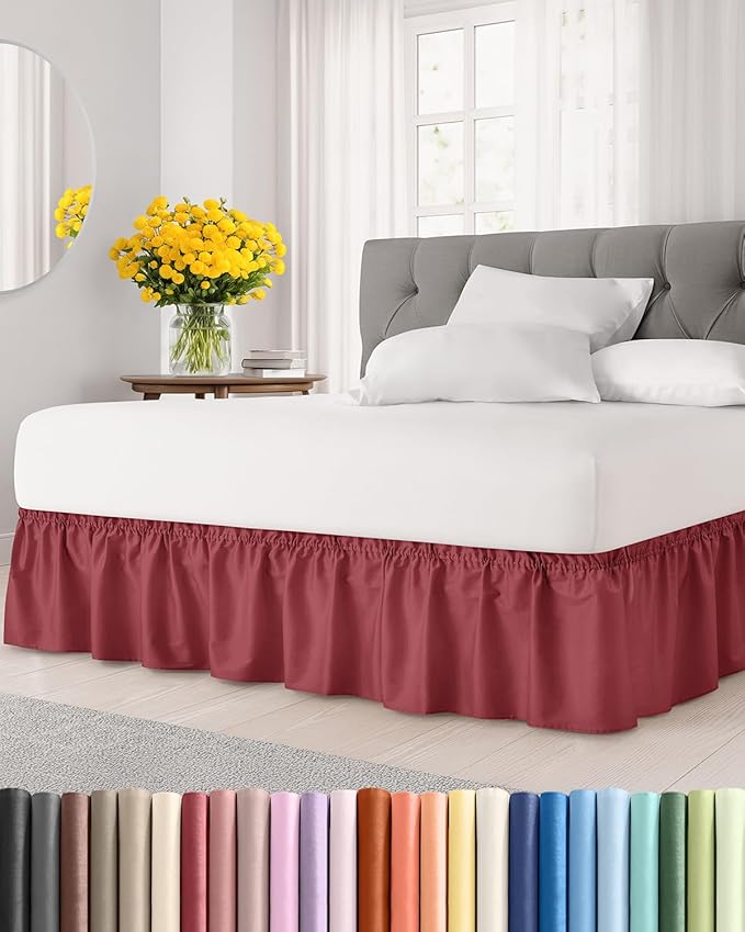 Wrap Around Dust Ruffle Bed Skirt - Burgundy - for Full Size Beds with 12 Inch Drop - Easy Fit Elastic Strap - Adjustable Pleated Bedskirt w/Brushed Fabric Wrinkle Free - for Women, Men, Kids & Teens