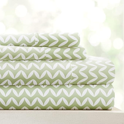 Linen Market Double-Brushed Patterned Microfiber California King Sheet Set 4 Piece – OEKO-TEX Certified Ultra Soft & Wrinkle-Free - 16" Deep Pocket Sheets Easy Care Cal-King Size - Puffed Chevron Sage
