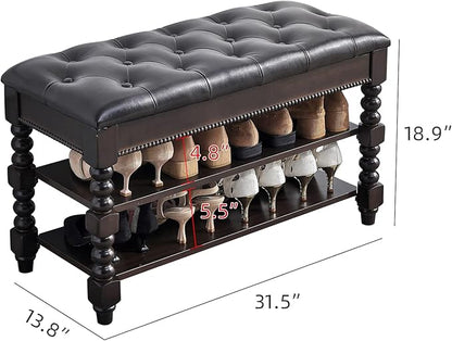 Shoe Storage Bench with Cushion, Entry Bench with Storage Solid Wood Shoe Bench Ideal for Entryway Living Room and Corridor (Walnut 31.5'')