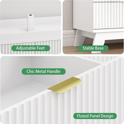 Fluted Dresser for Bedroom with 6 Drawers, 48" Wide Modern Chest of Drawers with Metal Handle, Wooden Dresser TV Stand, Wood Closet Clothes Storage Drawer Organizer for Living Room, Hallway, White