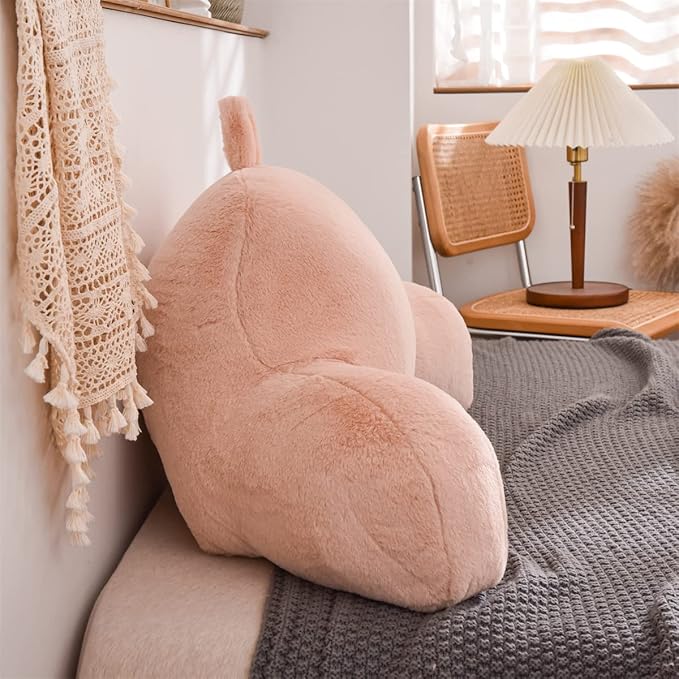 Holawakaka Large Faux Fur Bed Rest Pillow with Arms,Rabbit Fur Reading Pillows Perfect for Adults Men Women, Arm, Back, Pregnancy Lumbar & Head Neck Coccyx Lower Back Support Cushion (Blush)