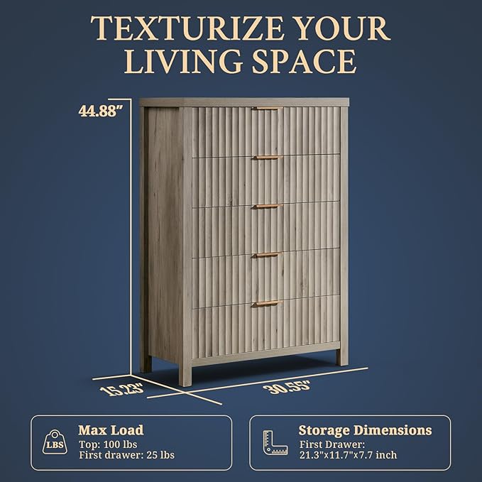 5 Drawers Dresser for Bedroom, 44 Inches Tall Modern Bedroom Dressers, Chest of Drawers for Bedroom, Fluted Dresser for Closet Organizer for Living Room, Hallway, Entryway (Grey Oak, 2 Pieces)
