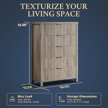 5 Drawers Dresser for Bedroom, 44 Inches Tall Modern Bedroom Dressers, Chest of Drawers for Bedroom, Fluted Dresser for Closet Organizer for Living Room, Hallway, Entryway (Grey Oak, 2 Pieces)