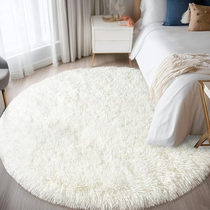 Round White Rug for Bedroom, 5 ft Circle Area Rugs for Living Room, Soft Fluffy Shag Carpet for Teen Girls Boys Nursery Room Dorm Home Decor Aesthetic
