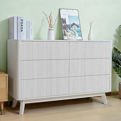 Fluted 6 Drawers Dresser for Bedroom,52" Wide Handleless Chest of Drawers with Faux Marble Top, Wooden Dresser TV Stand, Wood Drawer Organizer for Living Room, Hallway, White