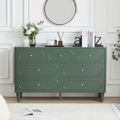ORRD Fluted 7 Drawer Dresser for Bedroom, Modern Mid Century Chest of Drawers, Wood Storage Large Dresser Organizer for Bedroom Living Room Closet Hallway, Green