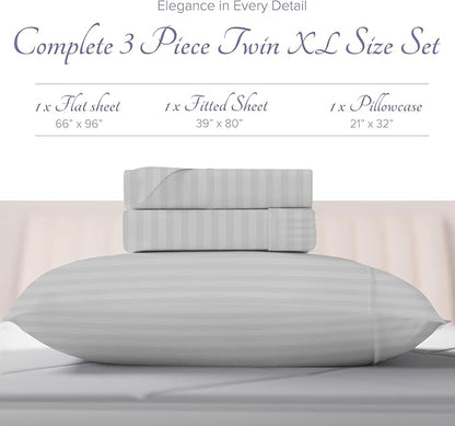 Carressa Linen Striped Egyptian Cotton Sheets Twin XL Size - 600 Thread Count 3 PC Damask Twin XL Sheets Deep Pockets, Sateen Weave College Dorm Bedding Twin XL, Fits Mattress Upto 18" - Silver
