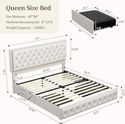 Queen Led Bed Frame with 2 Drawers, Modern Storage Platform Queen Size Upholstered Bed with Crystal Button Tufted Headboard, Solid Slats Support, Noise Free, No Box Spring Needed, PU White