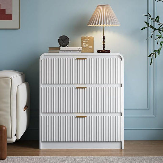 FURSUN 32" Tall Fluted Nightstand, 3 Drawers Wooden End Table w/Storage, Curved Profile Design, Modern Bedside Table for Bedroom, Solid White