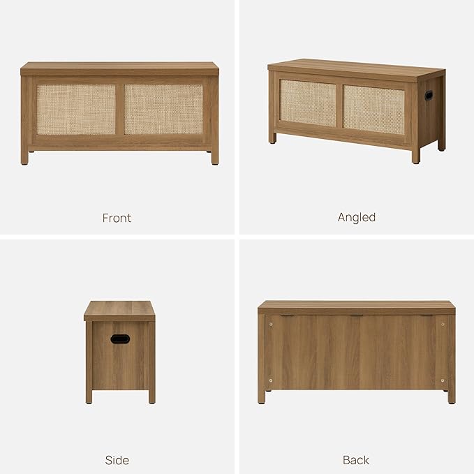 SICOTAS Rattan Storage Chest Set of 2-39.4" Storage Bench for Bedroom, Boho Storage Truck with 2 Safety Hinges and Flip Top for Living Room Entryway, Supports 220 lb, Oak, 2 PCS