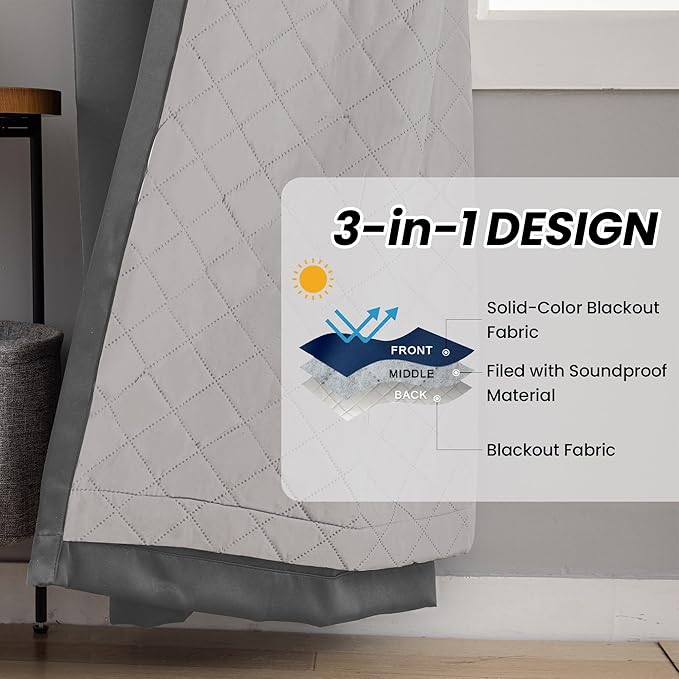 3-in-1 Layers Soundproof Curtains,Grommet Full Blackout Thermal Noise Dampening Curtains for Living Room, Bedroom(1 Panel,Grey,50" x84")