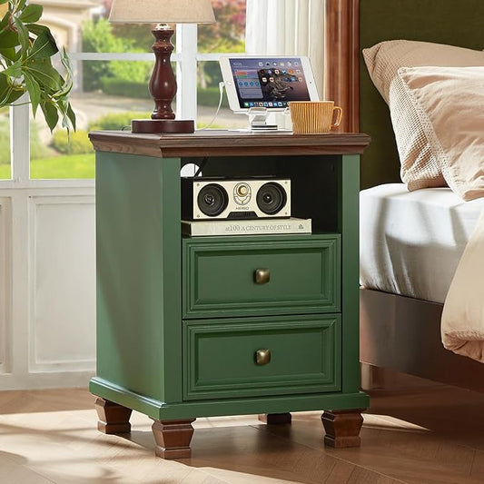 SAVOR LIFE Farmhouse Nightstand with Charging Station, Rustic Green Nightstand,2 Drawers End Table for Living Room,Bedside Table with Open Shelf for Bed Room,Green