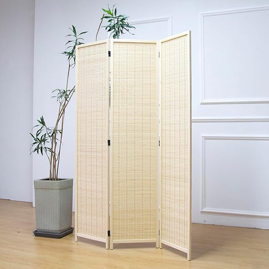 Furnnylane 3 Panel Room Divider and Folding Panel Screen,Bamboo Panel Divider Screen for Room Separation,Beige,67" H x 46" W